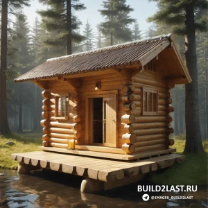 Небольшой бревенчатый домик на причале в лесу рядом с озером с причалом